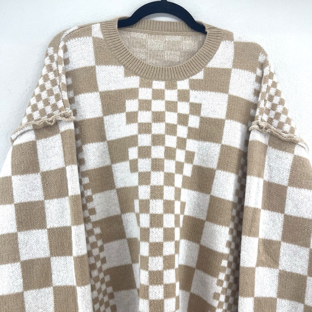 Women's Checkered Drop Shoulder Sweater XL Slouchy Oversized Cozy Feminine Soft - Picture 2 of 10